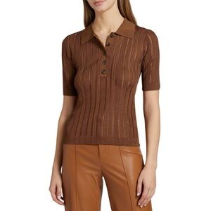 NWT Frame Denim Laddered Rib-Knit Polo Top in Light Camel, Size XS